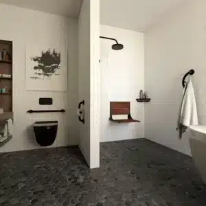 client image of a modern washroom using multiple HealthCraft products, including the Plus toilet paper holder, SerenaSeat, and towel hook