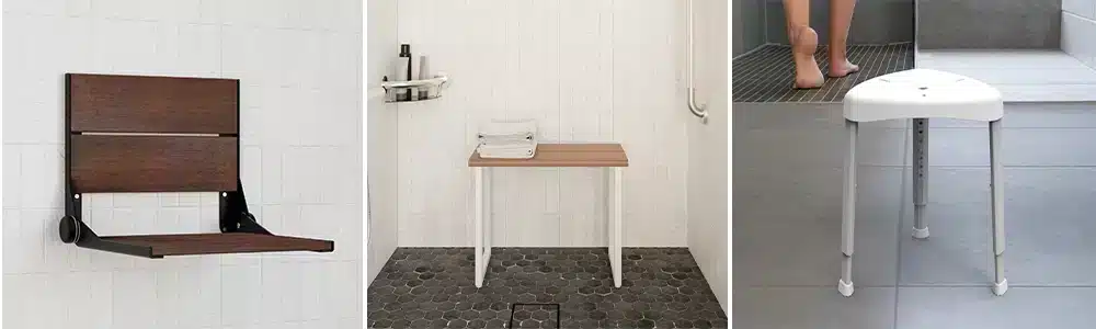 Different seat options, from wall mounted wooden seats, to easily assembled and economical stools.