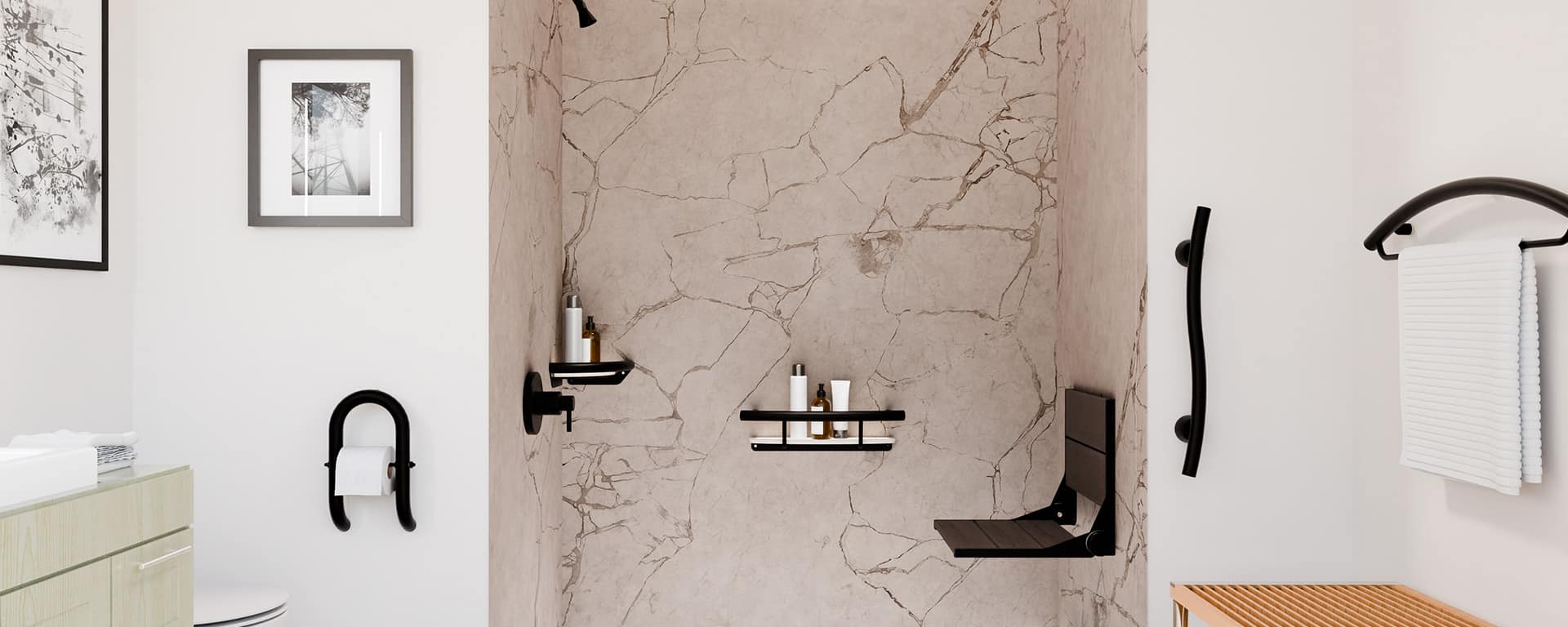 Accessible bathroom design with 2-in-1 grab bars and shower seating.